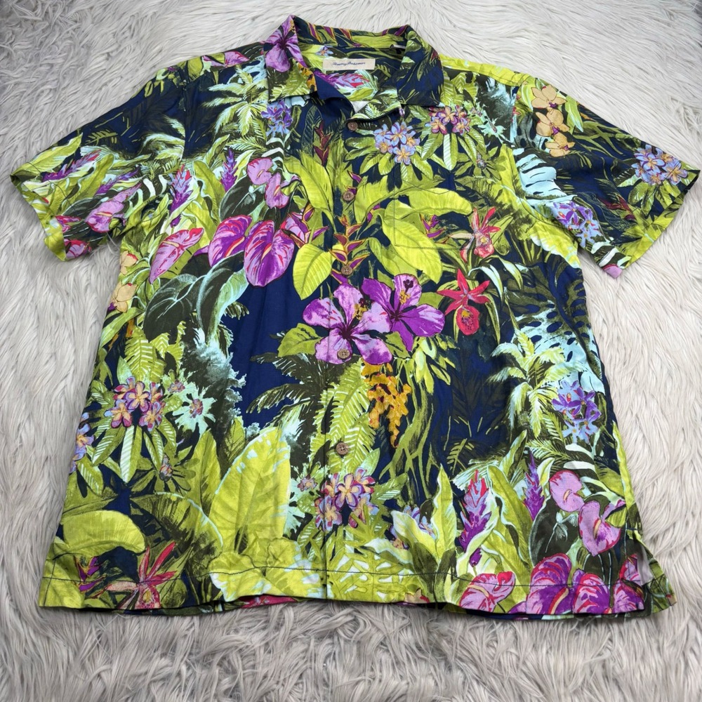 Tommy Bahama Men's L Green Multi Tropical Floral Print Hawaiian Shirt 100% Silk